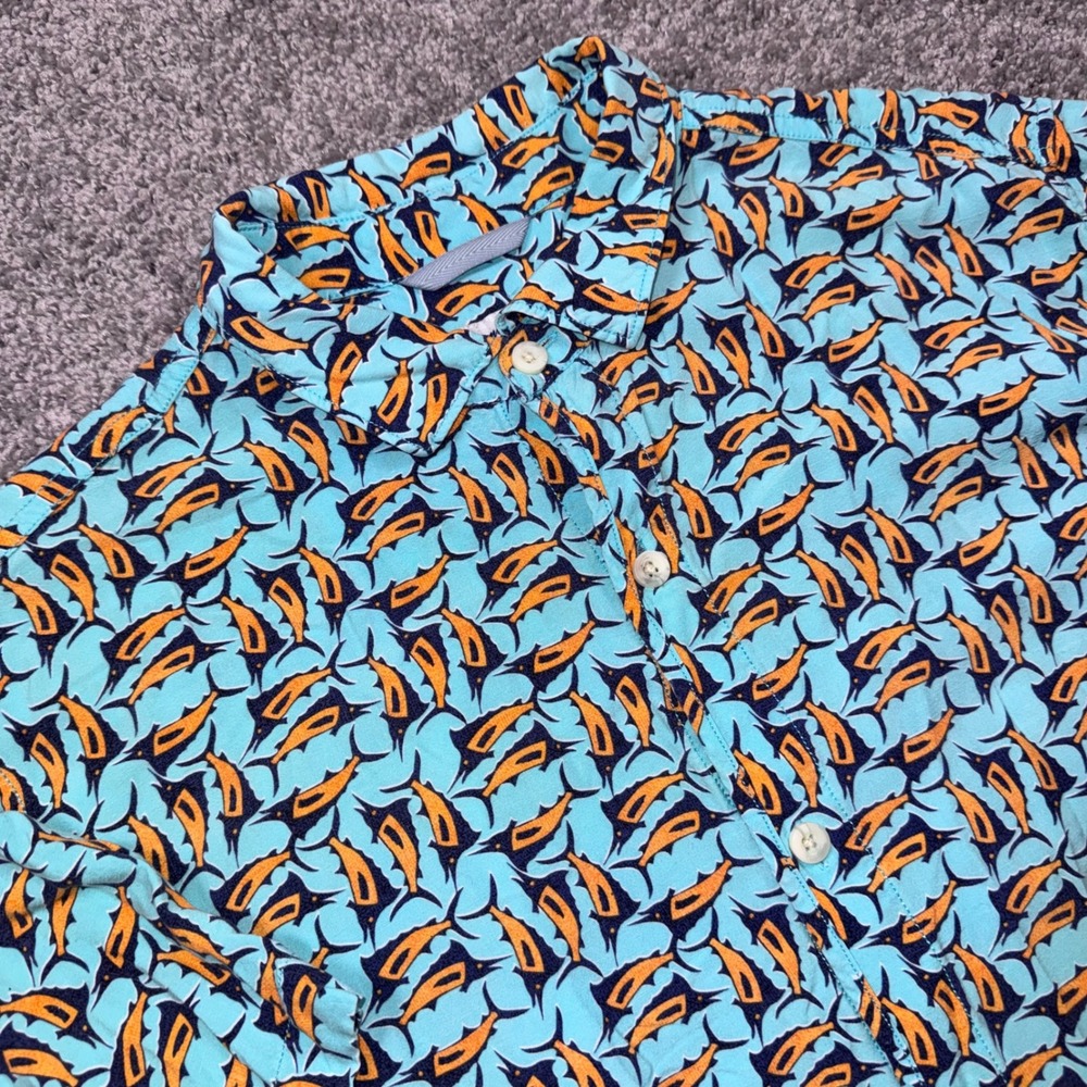 Tommy Bahama Marlin Print Shirt Men Rayon Short Sleeve Turquoise Large EXCELLENT